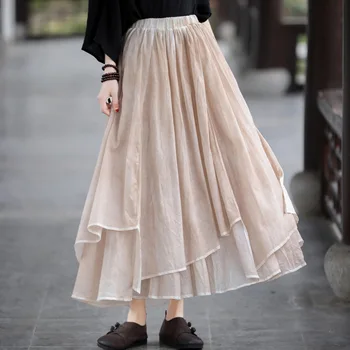 

Summer Fashion Solid Color Cotton and Linen Female Skirt Chinese Style Retro Ruffled Irregular Hem Casual Loose Skirt
