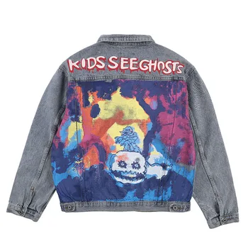 

Kanye West "KIDS SEE GHOSTS" Graffiti Print Men Jeans Jacket Harajuku Oversize Hip Hop Windbreaker Bomber Jacket Male Denim Coat