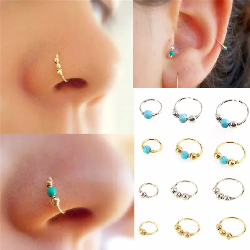 1Pcs Fashion Retro Round Beads Gold Color Nose Ring For Women Nostril Hoop Body Piercing Jewelry New | Украшения и аксессуары