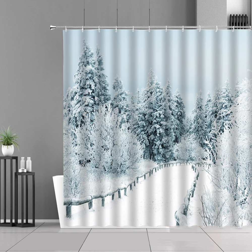 Snow Scene Bathroom Decor Curtains Winter Natural Landscape Home