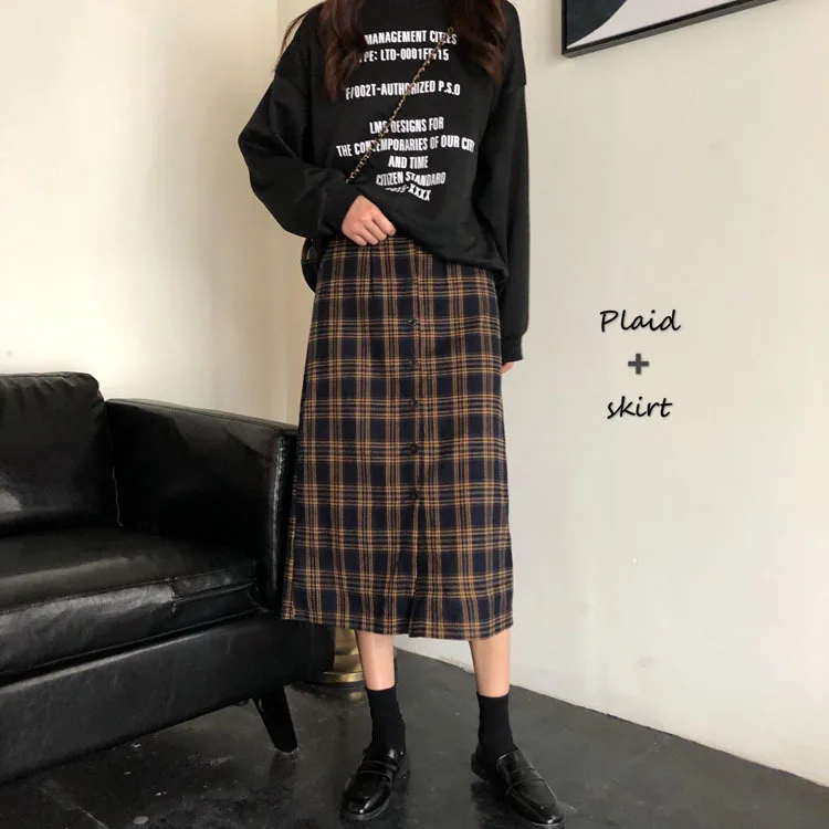 

Photo Shoot 2020 New Style Korean-style Plaid CHIC High-waisted Western Style Slimming College Style Mid-length A- line Skirt