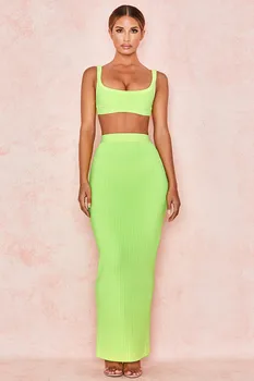 

High Quality Green 2 Pieces Set Rayon Bandage Dress Club Party Bodycon Dress