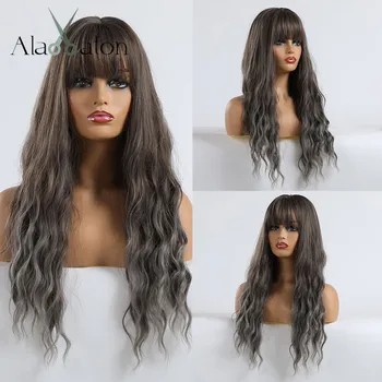 

ALAN EATON Long Wavy Wigs for Black Women African American Synthetic Hair Ombre Black Brown Grey Ash Blue Wig with Bangs Cosplay