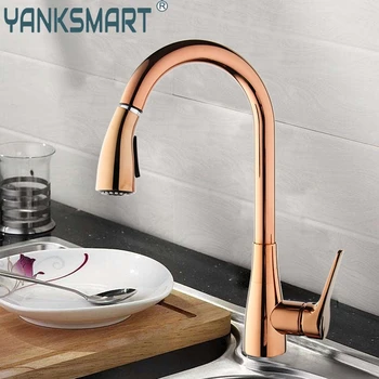 

Kitchen Sink Faucets Deck Mounted Pull Out Tap Rotatable Basin Mixer Water Faucet Brass Single Handle Taps Rose Gold Luxury