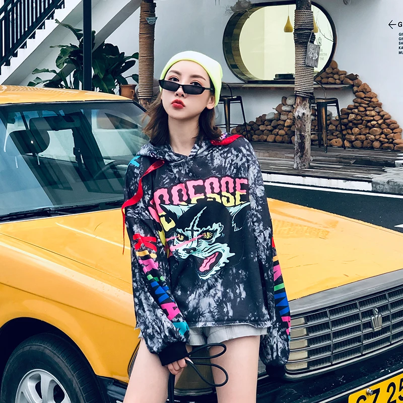 7mang 2019 осенняя Женская мода уличная граффити с принтом дьявола худи Harajuku
