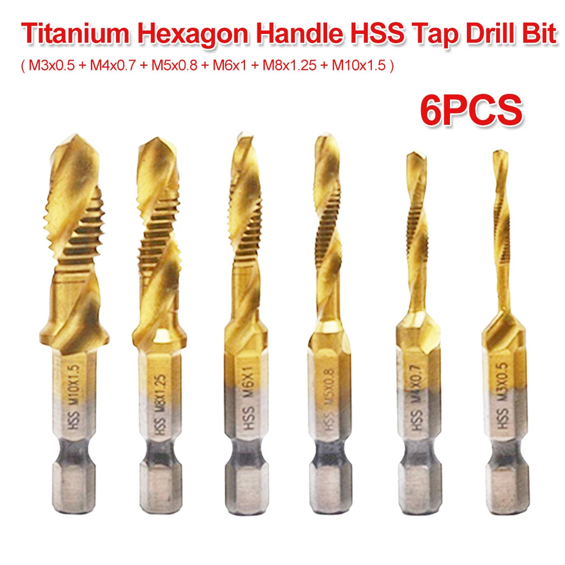 6PCS M3-M10 Metric Thread Titanium Coated HSS Drill and Tap Bits 1//4/" Hex Shank