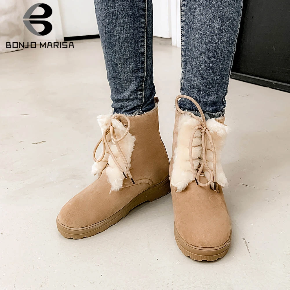 

BONJOMARISA Hot Sale 33-50 Concise Platform Booties Ladies Add Fur Ankle Snow Boots Women 2019 Winter Warm Low Heel Shoes Woman