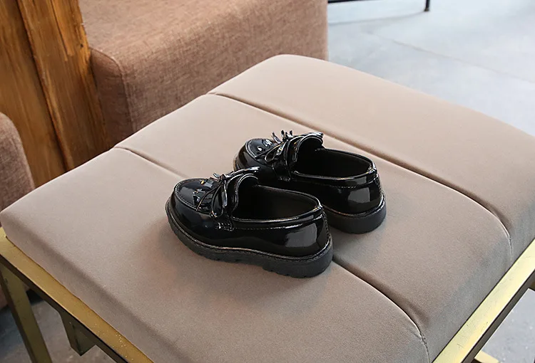 Tassel Kids Leather Shoes For Girls Bow Casual Glitter Children Wedding Party Dress Dance Shoes Butterfly Knot Black