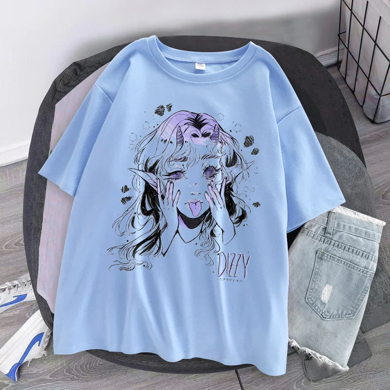 Women Casual Tshirt White Cartoon Funny Girl Printed Streetwear Female Tops Tee Short Sleeve Fashion T Shirt Hip Hop Clothes