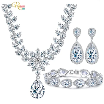 

Rainbamabom Luxury 925 Solid Sterling Silver Created Moissanite Earrings/Necklace/Bracelets Wedding Engagement Fine Jewelry Sets