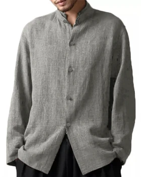 

Helisopus Fashion Casual Mens Dress Shirts Long Sleeve Cotton and Linen Shirts Solid Color Stand Collor Loose Streetwear Top