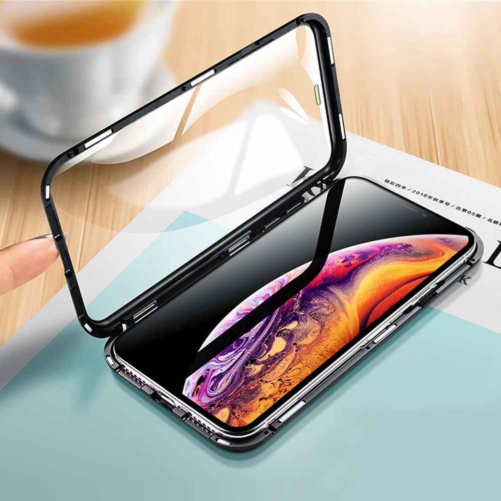 Магнитный адсорбционный металлический чехол для телефона iPhone XS Max XR X 360 двухсторонний стеклянный Магнитный чехол для iPhone 8 7 6 6S Plus Funda