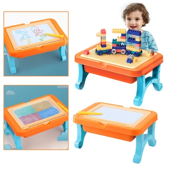 

2 In1 Magnetic Building Table + Color Drawing Board Writing Board Children Storage Table DIY Children Painting Block Toy Gift