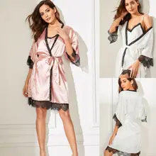 2 шт., женский сексуальный мягкий атласный халат, платье, комплект для сна, Дамский летний кружевной Шелковый комплект нижнего белья, ночное белье, пижамный комплект