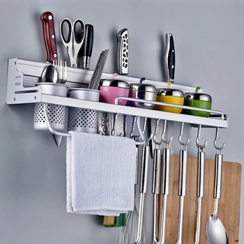 

Wall Mounted Pot Pan Rack Multifunctional Kitchen Bookshelf Storage Rack with Bottle Rack Silverware Caddy Cutlery Blocks Hanger