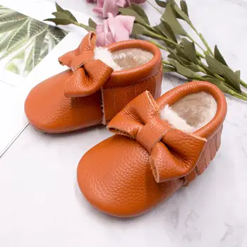 

Baby Winter Shoes Genuine Leather Leopard Toddler Warm Moccasins Handmade Bow Thicken Fur Prewalker Shoes Hard Sole Shoe