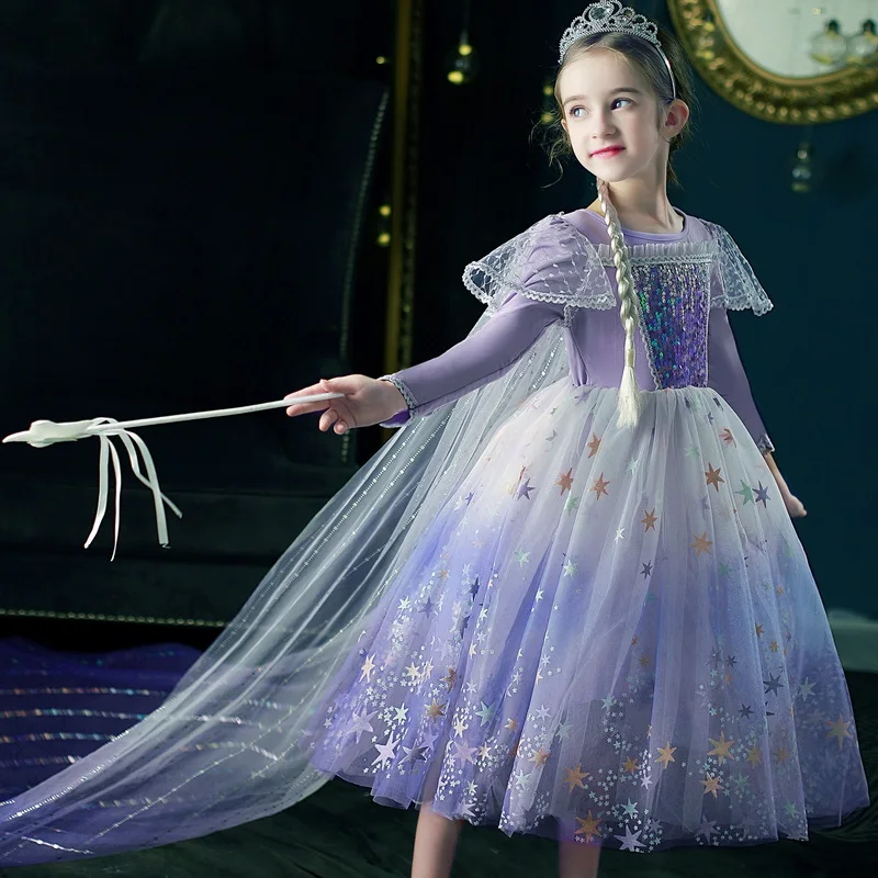 

Tonlinker Girls Dress Frozen 2 Costume Halloween Children Purple Long Sleeve Princess Gown Birthday Party Sequined Mesh Dresses