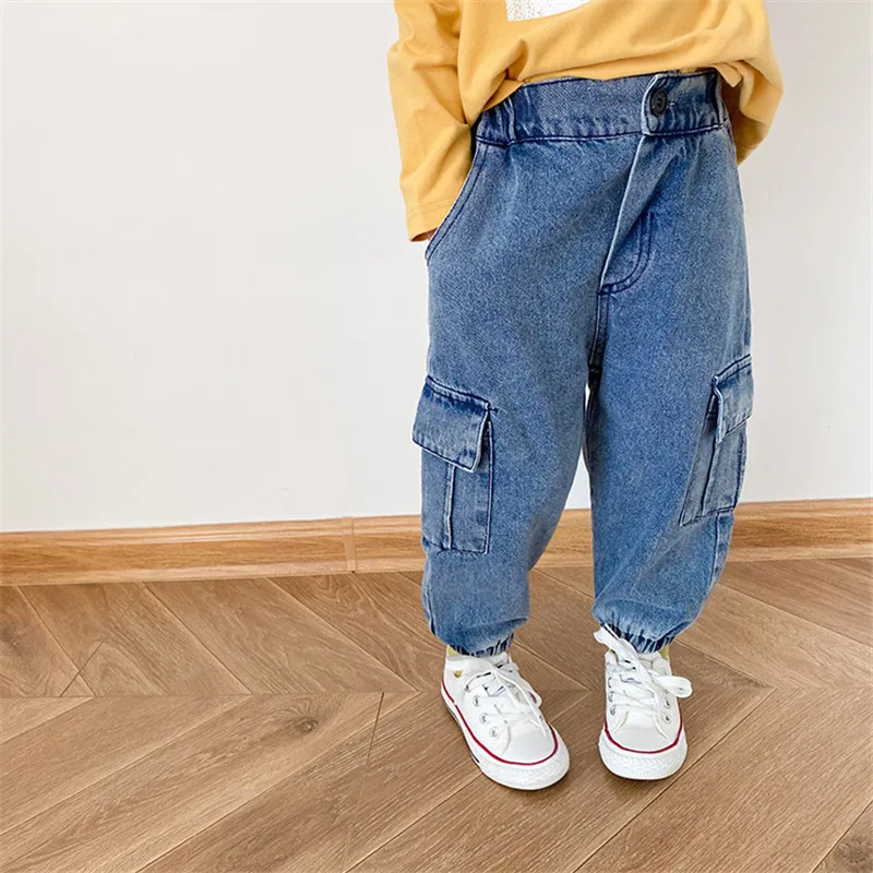 

Spring Autumn boys retro big pocket jeans kids casual comfortable ankle-tied denim trousers Girls