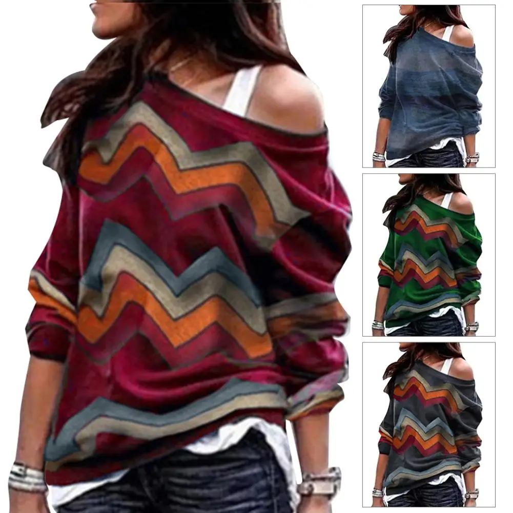 HOT SALES!!! Chic Sexy Women Geometric Print Single Off-shoulder Long Sleeve Pullover Blouse