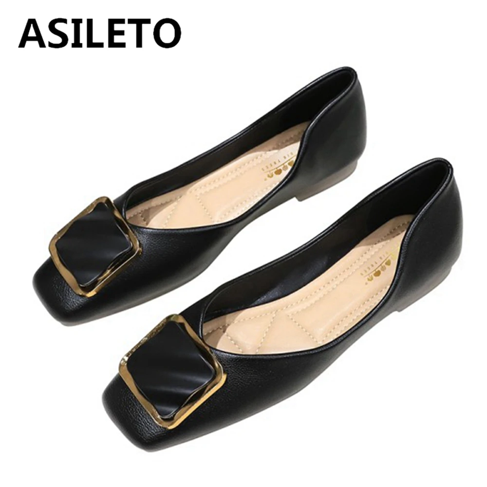

ASILETO All-match Square toe Shallow mouth flat Shoes with metal Square buckle Soft sole flat heel Women's single shoes Cool
