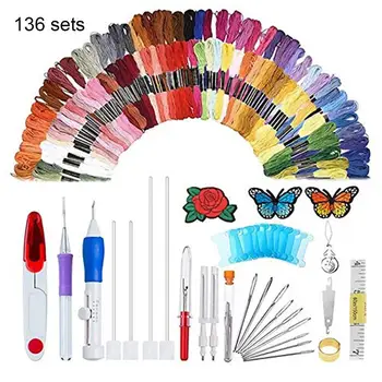 

136 Pcs/Set 100 Color Magic Patterns Stitching Punch Pen Needle Kit Craft DIY Sewing Embroidery Case Set Craft Tool For Threader