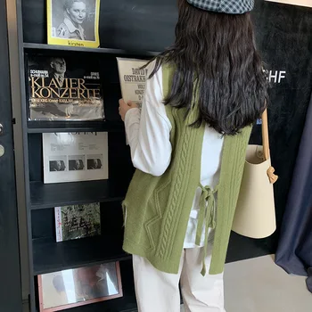 

Open back hollow lace up hemp sweater vest for women's autumn and winter 2019 Korean knitted sweater vest