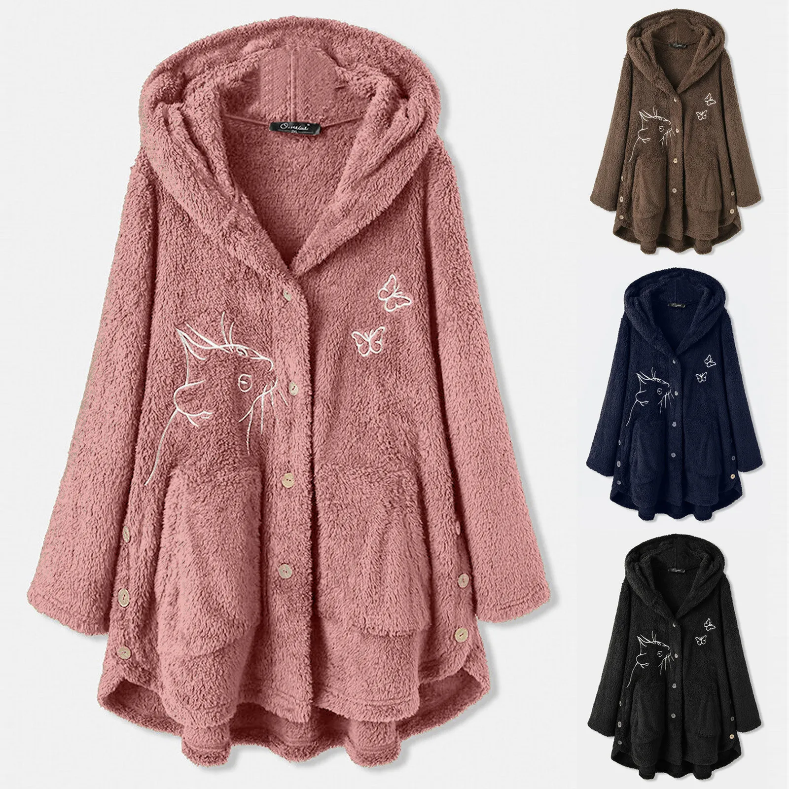 Chaqueta de lana con botones estampados para mujer, Rebeca suelta con capucha, chaqueta de invierno