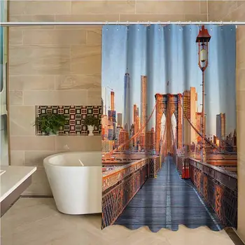 

City Odorless Waterproof Shower Curtain New York Skyline Closeup Brooklyn Bridge in Manhattan Over Hudson River Large Home