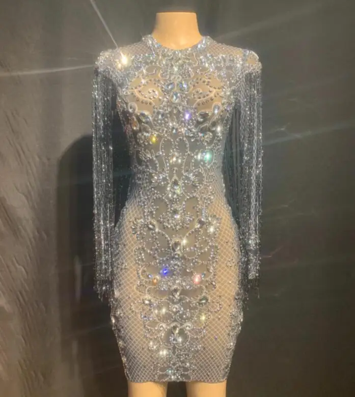 Модное Прозрачное платье, серебряные стразы, черная бахрома, платье для дня рождения, платье для выпускного вечера, наряд для бара, женское платье для танцев YOUDU