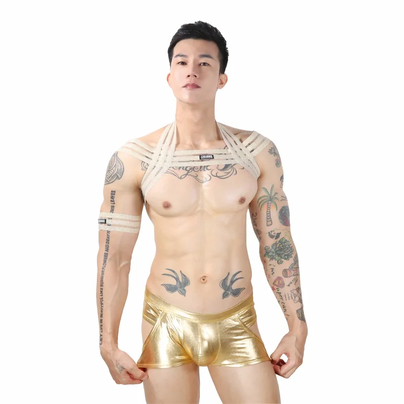 Sexy Mens Golden/Silver Harness Boxer Set Bondage Clubwear Shoulder Strap Hollow Out Underwear Faux Leather
