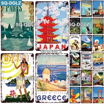 

[SQ-DGLZ]Japan City Metal Sign Vintage Plaque Wall Decor For Pub Bar Country Plate Tin Sign Travel Hawaii/Paris/Greece Poster