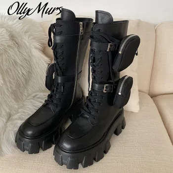 

Genuine Leather Mid Calf high Boots Women Thick Bottom Platform pocket design Motorcycle boots Black Lace up Boots For Women