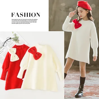 

Girls Autumn Winter Sweater 2020 Kids Korean Bow Mink Velvet Thicken Christmas Red Long Sweater Dress Children's Clothing Tops
