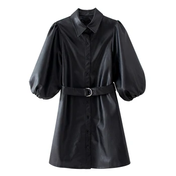 

ZA ladies leather spring 2020 fashion blet dress ladies black pocket button lapels long dress womens leather retro atmosphe