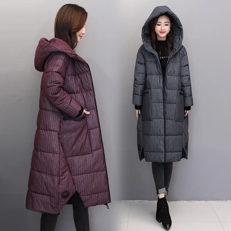 

Cotton-padded Clothes Women's Mid-length 2019 New Style Korean-style Loose And Plus-sized Stripes Hooded down Jacket Cotton-padd
