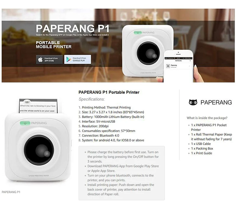 PAPERANG P1 портативный Bluetooth 4,0 принтер термальный фото телефон Беспроводное подключение мини карманные принтеры для IOS Android Windows