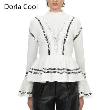 

New 2020 Striped Sweaters Women Self Portrait Knitted Tops Ruffles Patchwork Hollow Out Crocheted Pullovers Lady's Party Jumper