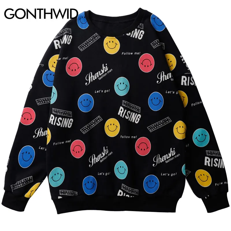 

GONTHWID Smile Emoji Letter Print Pullover Sweatshirts Hoodies Men Hip Hop Harajuku Casual Streetwear Tops Fashion Hipster Tops