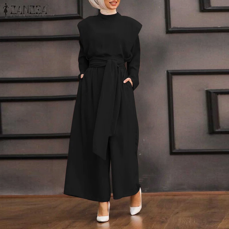 ZANZEA Women Jumpsuits Autumn Long Sleeve Wide Leg Rompers Fashion Solid Loose Playsuits Muslim Islamic Clothing Oversized |
