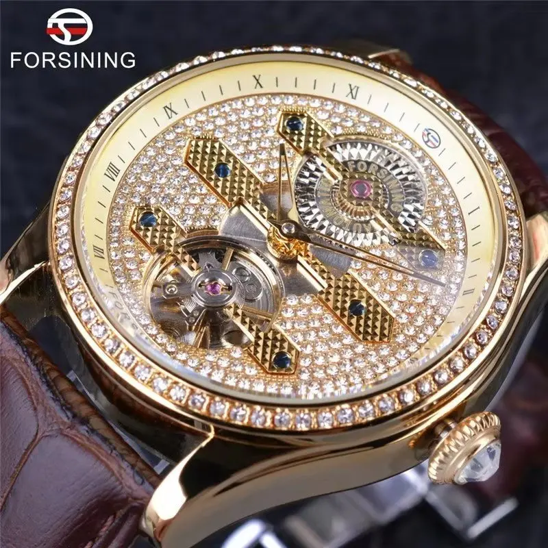 

Forsining Men's Fashion, Leisure, Star-studded Drilled Tour Flywheel Full-automatic Leather Mechanical Watch Relogio Masculino