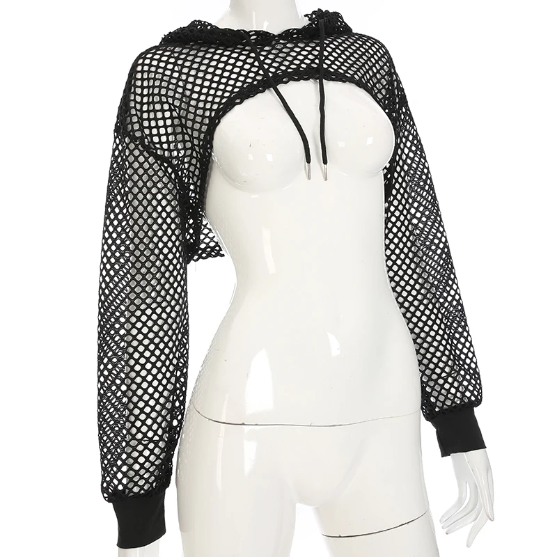 Camiseta sexy de malla de verano para mujer, top corto fruncido con agujeros, sudaderas de manga larga, camisetas de rejilla para mujer