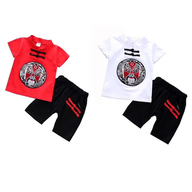 Футболка с короткими рукавами в китайском стиле с принтом для маленьких мальчиков топы+ шорты, повседневная одежда, комплекты одежды, сувенир