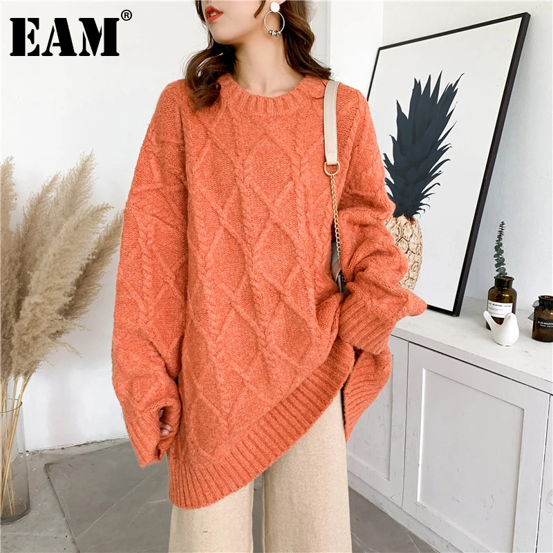 [EAM] Orange Big Size Knitting Sweater Loose Fit