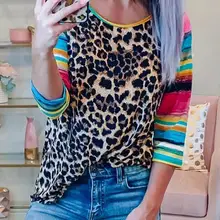 Женская неоновая комбинированная футболка с леопардовым принтом, женская футболка с рукавом три четверти, Женская Футболка Harajuku Ulzzang, топ-футболка для девочек