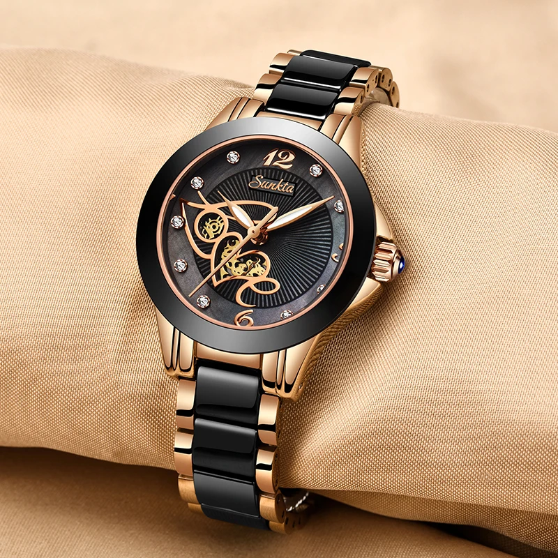 SUNKTA Diamond Surface Ceramic Strap Fashion Waterproof Women Watches Top Brand Luxury Quartz Watch Women Gift Relogio Feminino