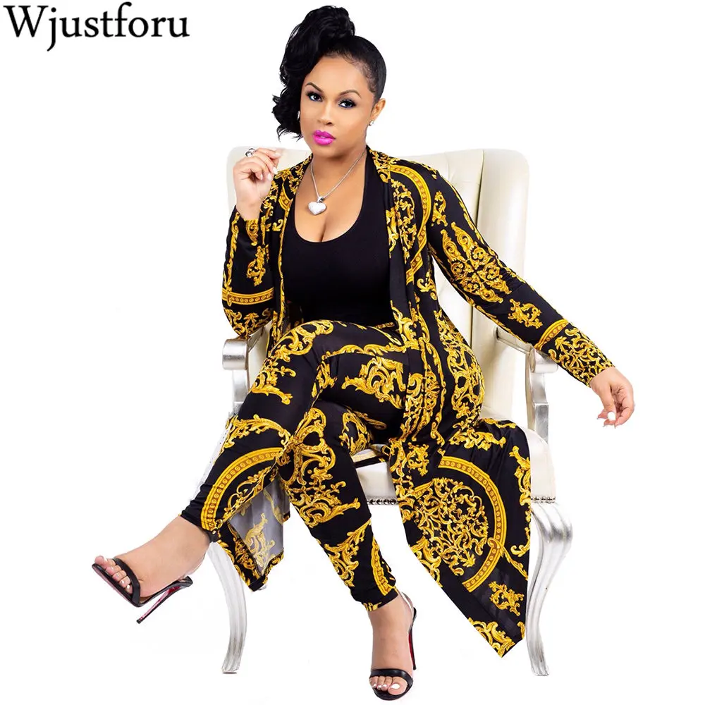 

Wjustforu Two Piece Matching Sets Sexy Print 2 Piece Set Women Long Cloak Cardigan Tops+Pants Suits Casual Autumn Winter Outfits