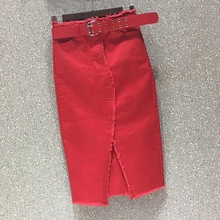 Сезон: весна-лето повседневное для женщин леди красные, черные зеленые Высокая талия кисточкой стрейч джинсовая юбка-карандаш, эластичный Джинс