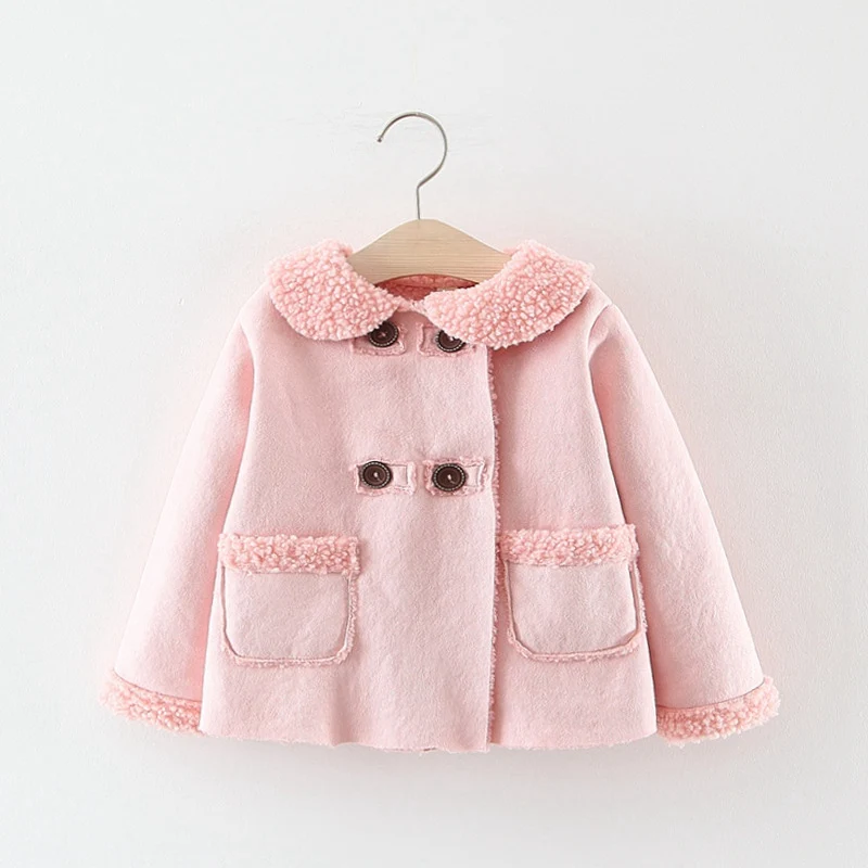 Pink Модные теплые зимние двубортные пальто детское замшевое пальто из плотного флиса для маленьких девочек верхняя одежда Casaco WT828 - Цвет: Pink