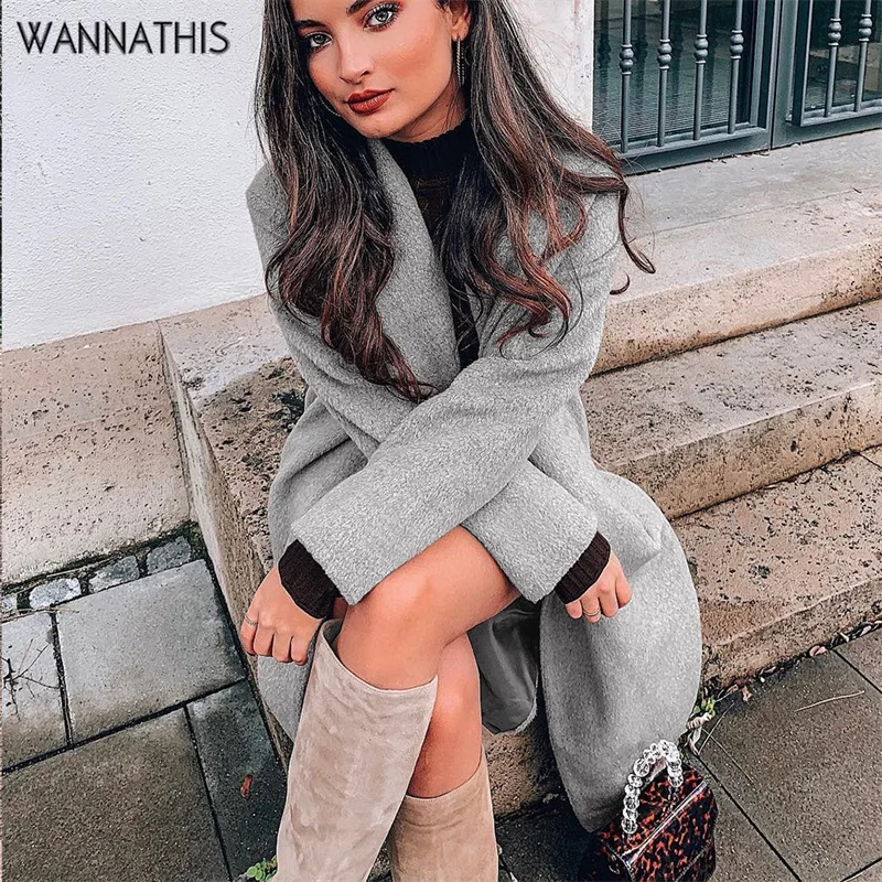 Wannathis шерстяное Женское пальто средней длины детская Повседневное Для женщин сплошное теплое тонкое шерстяное пальто с отложным кардиган, жакет с воротником Верхняя одежда зимние Костюмы