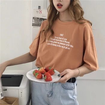 

2020 Summer Harajuku Short Sleeve T Shirt Women Letter Printing O-neck Casual Shirt Korean Elegant Loose Tops